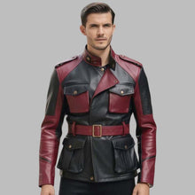 Load image into Gallery viewer, Men's Black and Burgundy Full Grain Cowhide Leather Military Jacket with Officer Collar and Adjustable Waist Belt

