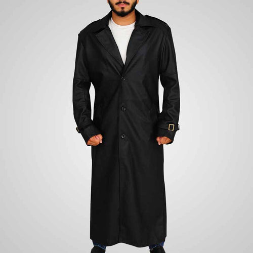 Men’s Black Faux Leather Trench Coat – Lapel Collar Style