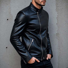 Load image into Gallery viewer, Men's Black Genuine Leather Jacket with Cafe Racer Style and Zip Up Biker Design
