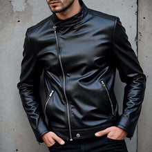 Load image into Gallery viewer, Men's Black Genuine Leather Jacket with Cafe Racer Style and Zip Up Biker Design
