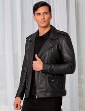 Load image into Gallery viewer, Men's Black Pure Lambskin Leather Biker Jacket With Custom Made Moto Style
