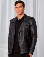 Load image into Gallery viewer, Men's Black Pure Lambskin Leather Biker Jacket With Custom Made Moto Style
