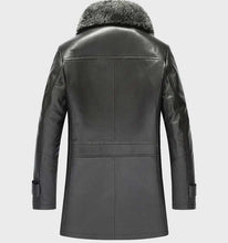 Load image into Gallery viewer, Men's Black Lambskin Leather Fur Coat with Removable Fox Collar Premium Winter Style
