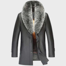 Load image into Gallery viewer, Men's Black Lambskin Leather Fur Coat with Removable Fox Collar Premium Winter Style
