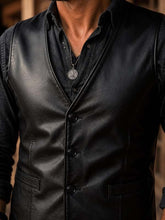 Load image into Gallery viewer, Men's Black Genuine Leather Vest with V Neck in Handmade Biker Western Style
