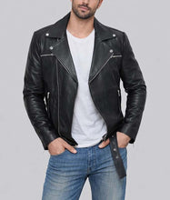 Load image into Gallery viewer, Men's Black Real Leather Biker Jacket with Lapel Collar and Multi Zip Pockets
