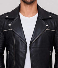 Load image into Gallery viewer, Men's Black Real Leather Biker Jacket with Lapel Collar and Multi Zip Pockets

