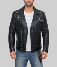 Load image into Gallery viewer, Men's Black Real Leather Biker Jacket with Lapel Collar and Multi Zip Pockets
