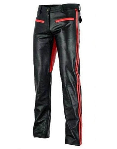 Mens Black and Red Bootcut Leather Pants