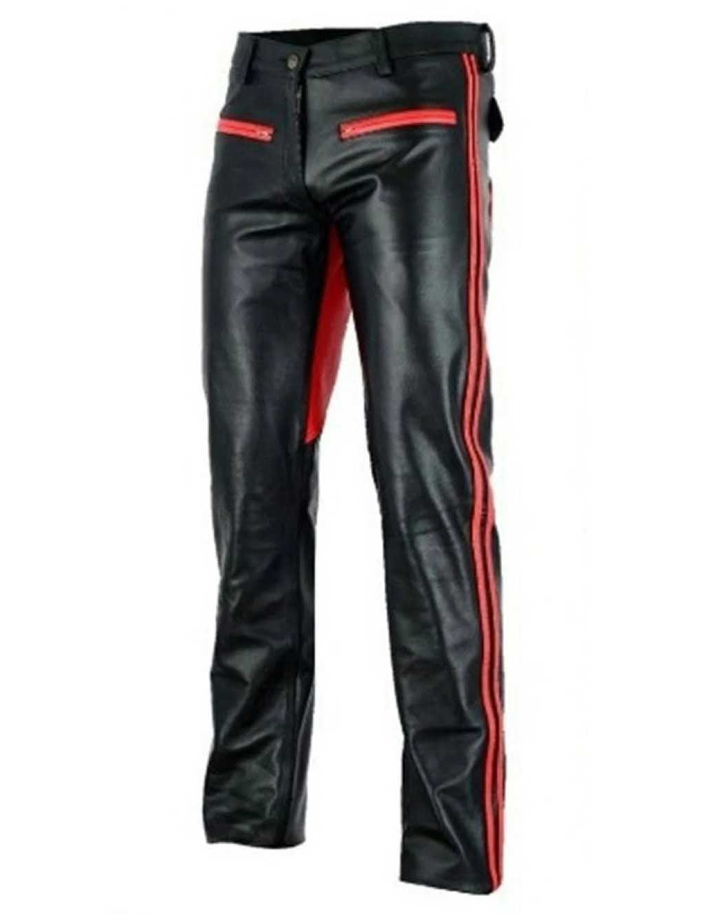 Mens Black and Red Bootcut Leather Pants