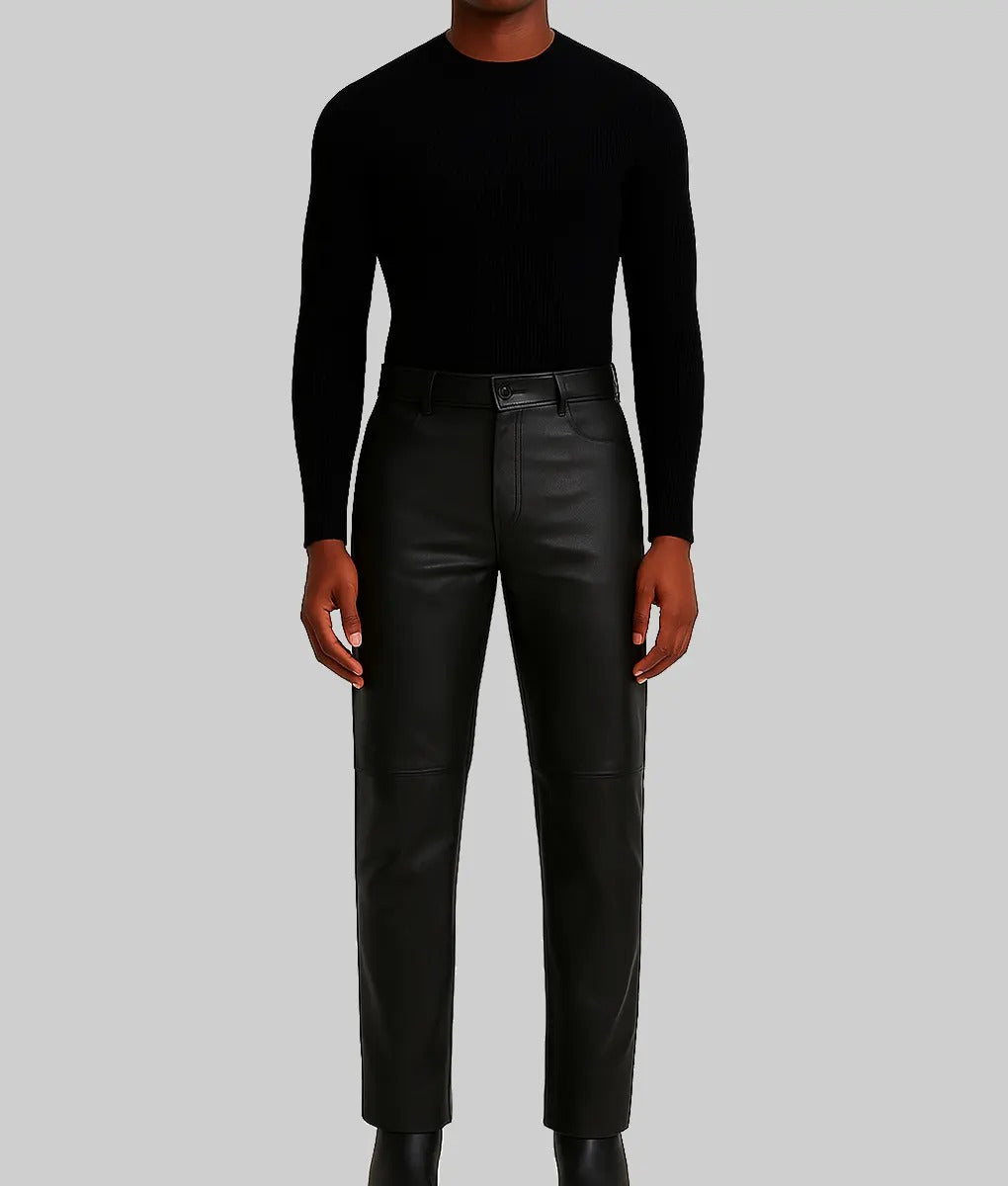Mens Black Regular Style Leather Pants
