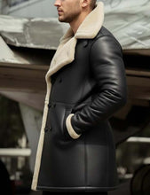 Load image into Gallery viewer, Men Black Sheepskin Long Coat In Peacoat Style With Real Shearling Lining
