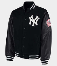 Load image into Gallery viewer, Men's Black Wool Varsity Bomber Jacket with Real Leather Sleeves in NY Letterman Style
