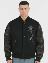 Load image into Gallery viewer, Men's Black Wool Varsity Jacket With Leather Sleeves Retro College Letterman Style
