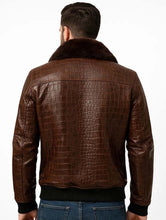 Load image into Gallery viewer, Men's Brown Cowhide Leather Jacket With Crocodile Embossed Finish and Shearling Lined Winter Style
