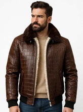 Load image into Gallery viewer, Men's Brown Cowhide Leather Jacket With Crocodile Embossed Finish and Shearling Lined Winter Style
