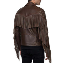 Load image into Gallery viewer, Men's Brown Genuine Leather Biker Jacket with Fringe Studded Western Rodeo Style
