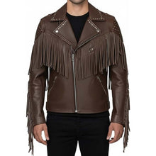 Load image into Gallery viewer, Men's Brown Genuine Leather Biker Jacket with Fringe Studded Western Rodeo Style
