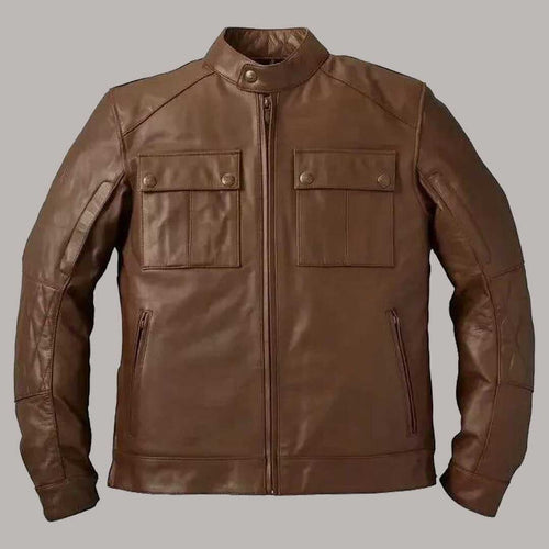 Men’s Brown Leather Getaway Motorcycle Jacket with Armor