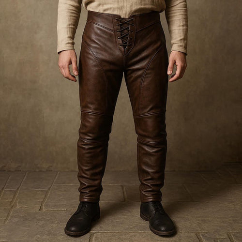 Mens Brown Lace Up Leather Pants