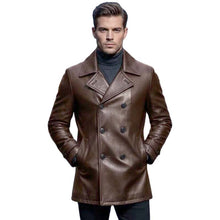 Load image into Gallery viewer, Men's Brown Lambskin Leather Peacoat with Double Breasted Vintage Tailored Style
