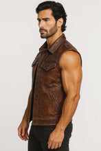 Load image into Gallery viewer, Men's Brown Leather Biker Vest with Vintage Distressed Style and Durable Double Stitching
