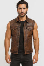 Load image into Gallery viewer, Men's Brown Leather Biker Vest with Vintage Distressed Style and Durable Double Stitching

