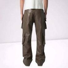 Load image into Gallery viewer, Men's Brown Genuine Leather Cargo Trousers with Four Flap Pockets and Classic Wide Leg Fit
