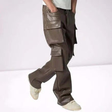 Load image into Gallery viewer, Men's Brown Genuine Leather Cargo Trousers with Four Flap Pockets and Classic Wide Leg Fit
