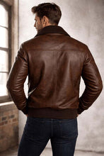 Load image into Gallery viewer, Men's Brown Sheepskin Leather Bomber Jacket with Ribbed Cuffs in Vintage Aviator Pilot Style
