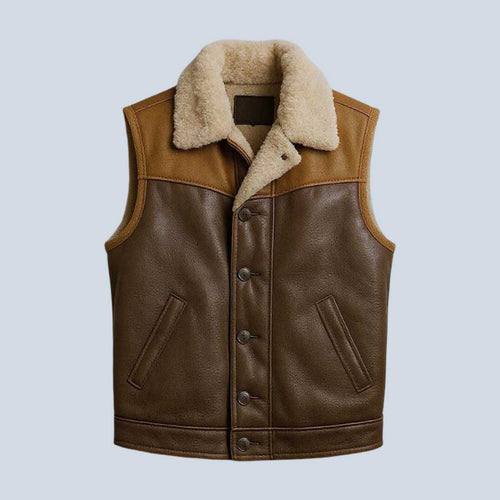 Men’s Sheepskin Leather Western Vest with Faux Fur