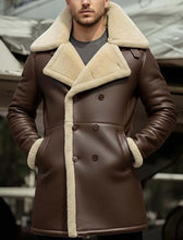 Load image into Gallery viewer, Men Brown Sheepskin Long Coat In Peacoat Style With Real Shearling Lining
