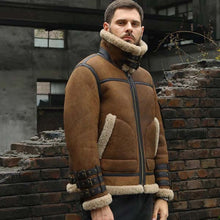 Load image into Gallery viewer, Men's Brown Sheepskin Shearling Flight Jacket with Wool Lining Slim Fit Vintage B3 Style

