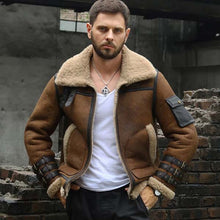 Load image into Gallery viewer, Men's Brown Sheepskin Shearling Flight Jacket with Wool Lining Slim Fit Vintage B3 Style
