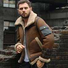 Load image into Gallery viewer, Men's Brown Sheepskin Shearling Flight Jacket with Wool Lining Slim Fit Vintage B3 Style
