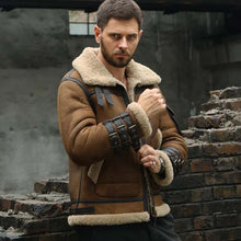 Load image into Gallery viewer, Men's Brown Sheepskin Shearling Flight Jacket with Wool Lining Slim Fit Vintage B3 Style
