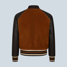 Load image into Gallery viewer, Men’s Brown Suede and Black Leather Varsity Bomber Jacket
