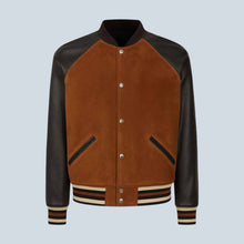Load image into Gallery viewer, Men’s Brown Suede and Black Leather Varsity Bomber Jacket
