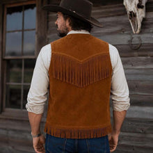 Load image into Gallery viewer, Men's Brown Suede Leather Vest with Western Fringe Handmade Cowboy Waistcoat
