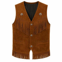 Load image into Gallery viewer, Men's Brown Suede Leather Vest with Western Fringe Handmade Cowboy Waistcoat
