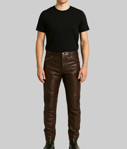 Mens Chocolate Brown Regular Style Leather Pants