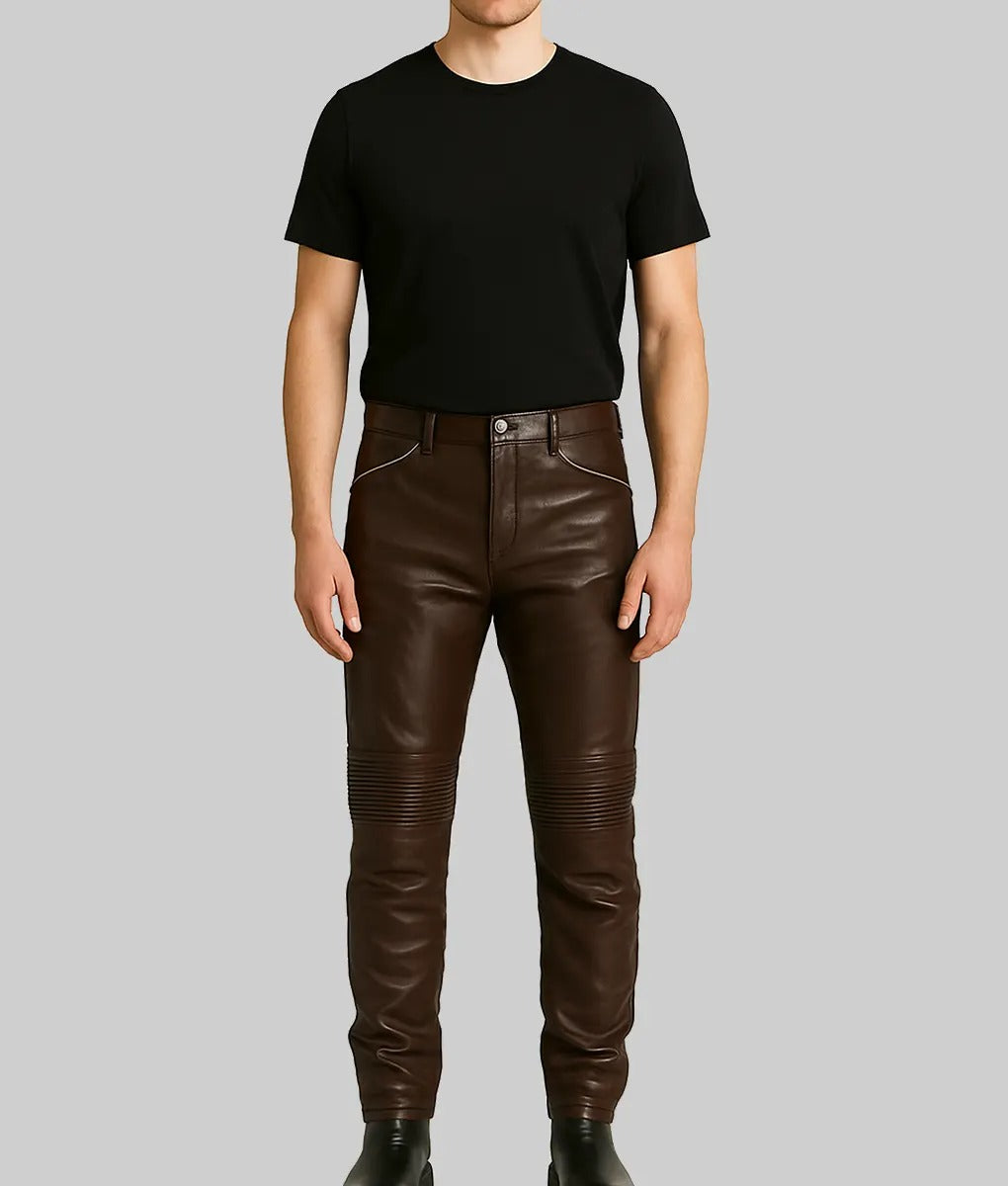Mens Chocolate Brown Regular Style Leather Pants