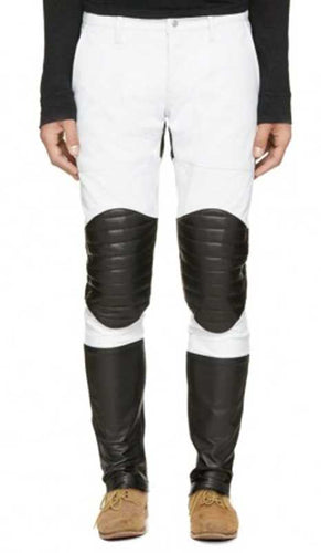 Men’s Color Block Lambskin Leather Pants with Quilted Knees