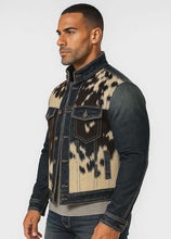 Load image into Gallery viewer, Men's Brown Cowhide Leather Jacket With Denim Western Style Hair On Hide Rodeo Coat
