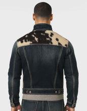 Load image into Gallery viewer, Men's Brown Cowhide Leather Jacket With Denim Western Style Hair On Hide Rodeo Coat
