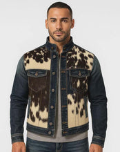 Load image into Gallery viewer, Men's Brown Cowhide Leather Jacket With Denim Western Style Hair On Hide Rodeo Coat
