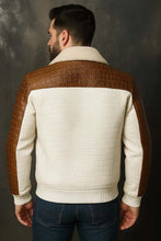 Load image into Gallery viewer, Men's White and Brown Cowhide Leather Bomber Jacket with Crocodile Embossed Finish and Fur Collar
