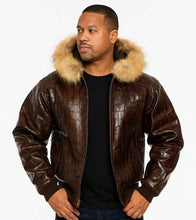 Load image into Gallery viewer, Dark Brown Crocodile Leather Bomber Jacket With Hood
