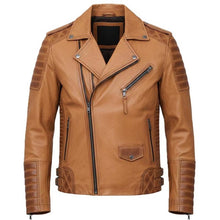 Load image into Gallery viewer, Men's Distressed Brown Genuine Leather Biker Jacket with Quilted Vintage Moto Style

