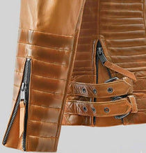 Load image into Gallery viewer, Men's Distressed Brown Genuine Leather Biker Jacket with Quilted Vintage Moto Style
